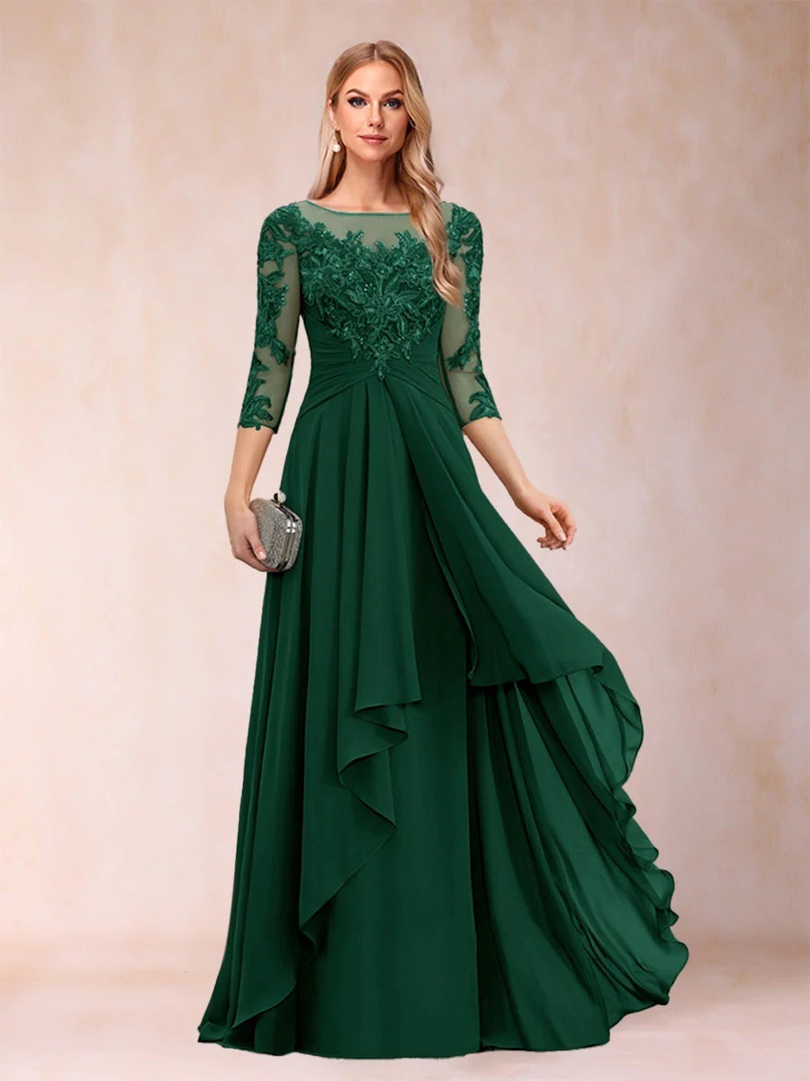Chiffon lace patchwork mid-sleeve evening gown - round neck a-line floor-length dress - perfect for mothers, mothers-in-law, and hostesses