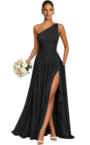 One shoulder chiffon long bridesmaid dress slit evening dress female sister group toast dress graduation performance dress factory direct supply