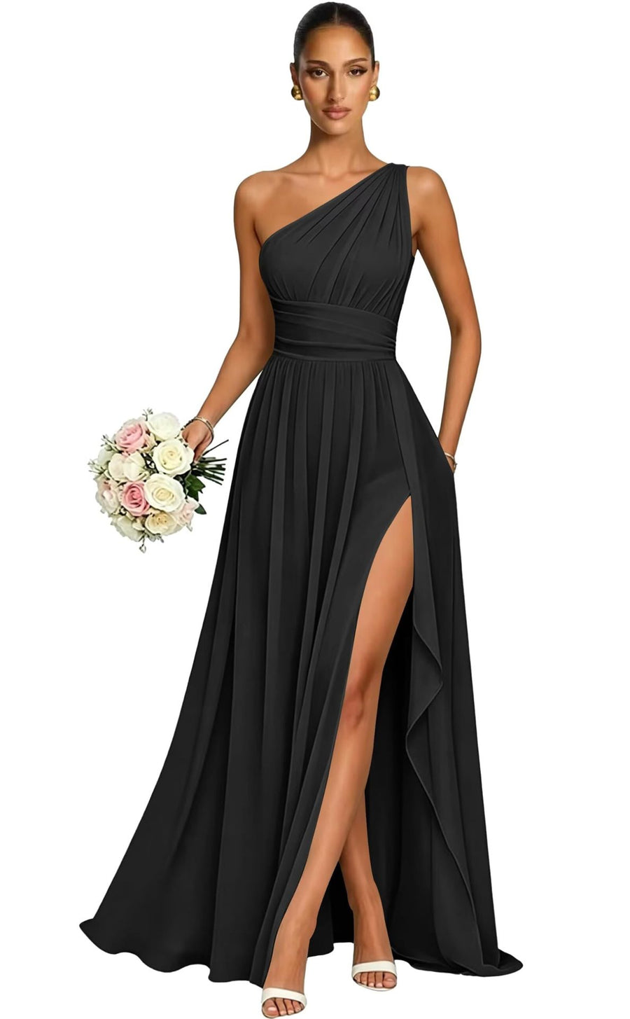 One shoulder chiffon long bridesmaid dress slit evening dress female sister group toast dress graduation performance dress factory direct supply