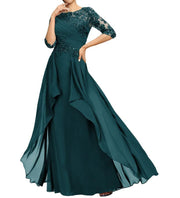 New chiffon lace long evening gown - round neck, mid-sleeve, slimming design - perfect for weddings, bridesmaids, dinner parties, or mother of the bride