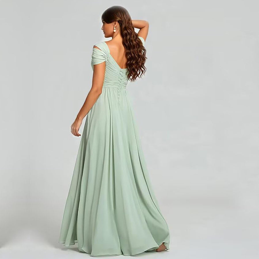 Off-the-shoulder bridesmaid dresses - long, slit, chiffon evening gowns for dinner parties, proms, and sisterhood events