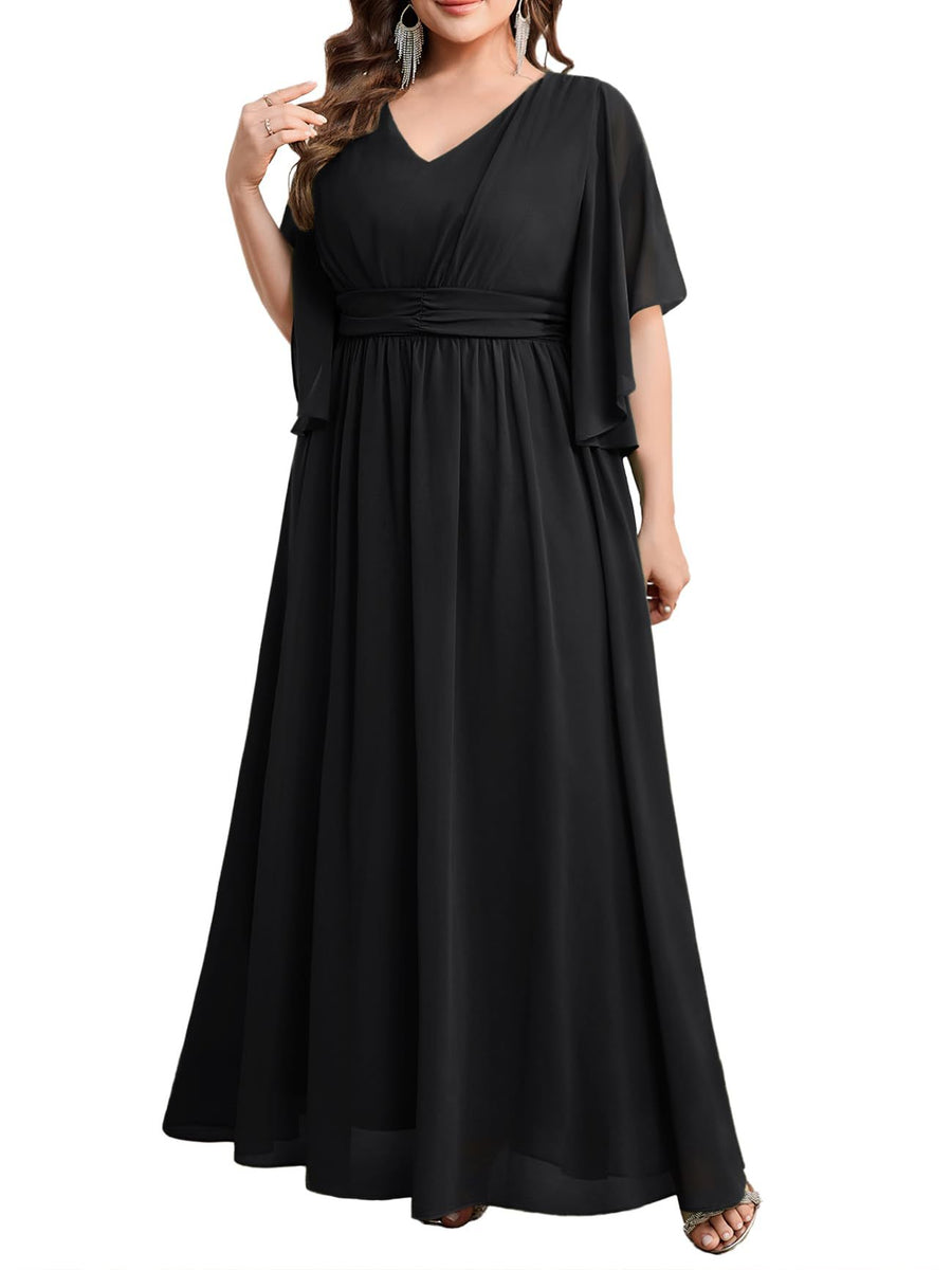 Plus size women's v-neck high-waisted a-line long evening gown/party dress - slimming and flattering - perfect for curvy moms (cross-border)