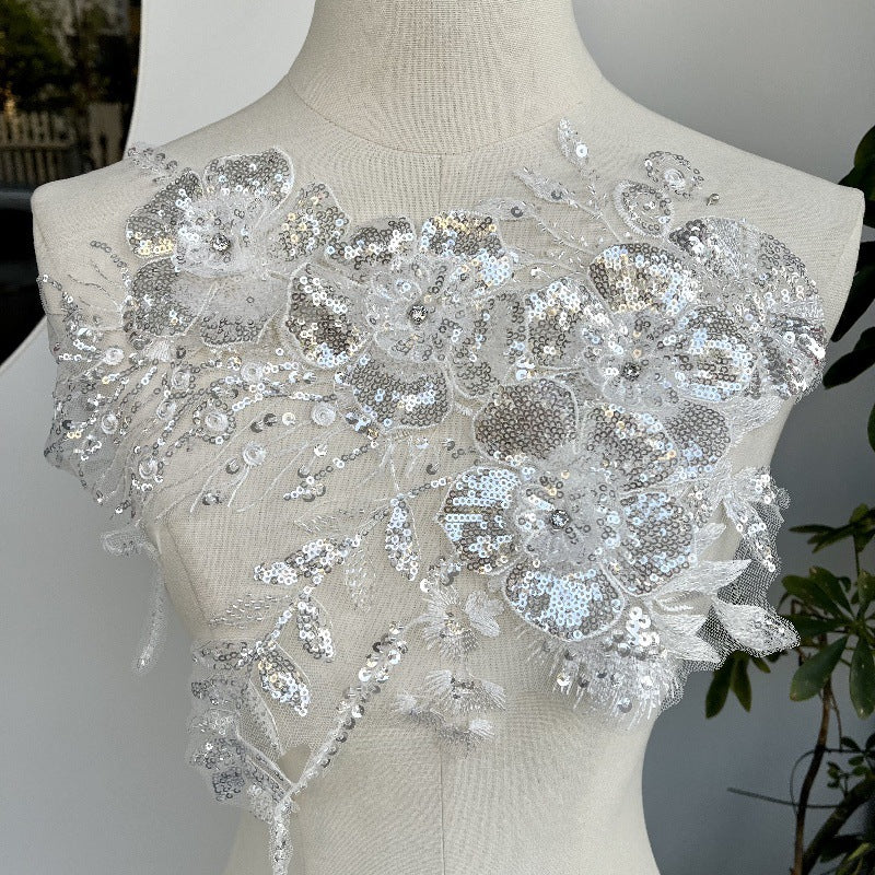 White Rhinestone 3D Flower Appliqué – High-End Embroidered Dress Embellishment & Bridal Accessory (Z43)