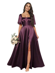 Satin square neck short-sleeved long evening dress, multiple colors available, sister group toast dress, annual meeting host, classy banquet