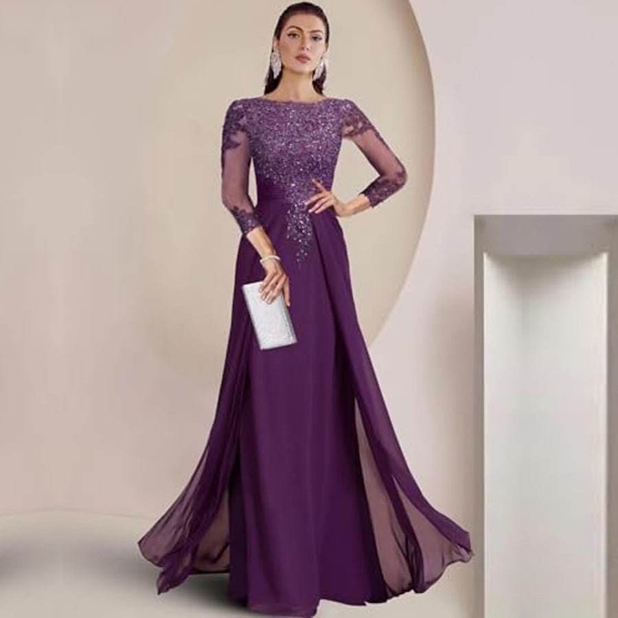 Cross-border lace patchwork long evening dress women's three-quarter sleeve banquet host bridesmaid dress new arrival elegant slimming evening gown