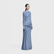 Long-Sleeve Draped Evening Gown — Asymmetric Folds with Metallic Accents