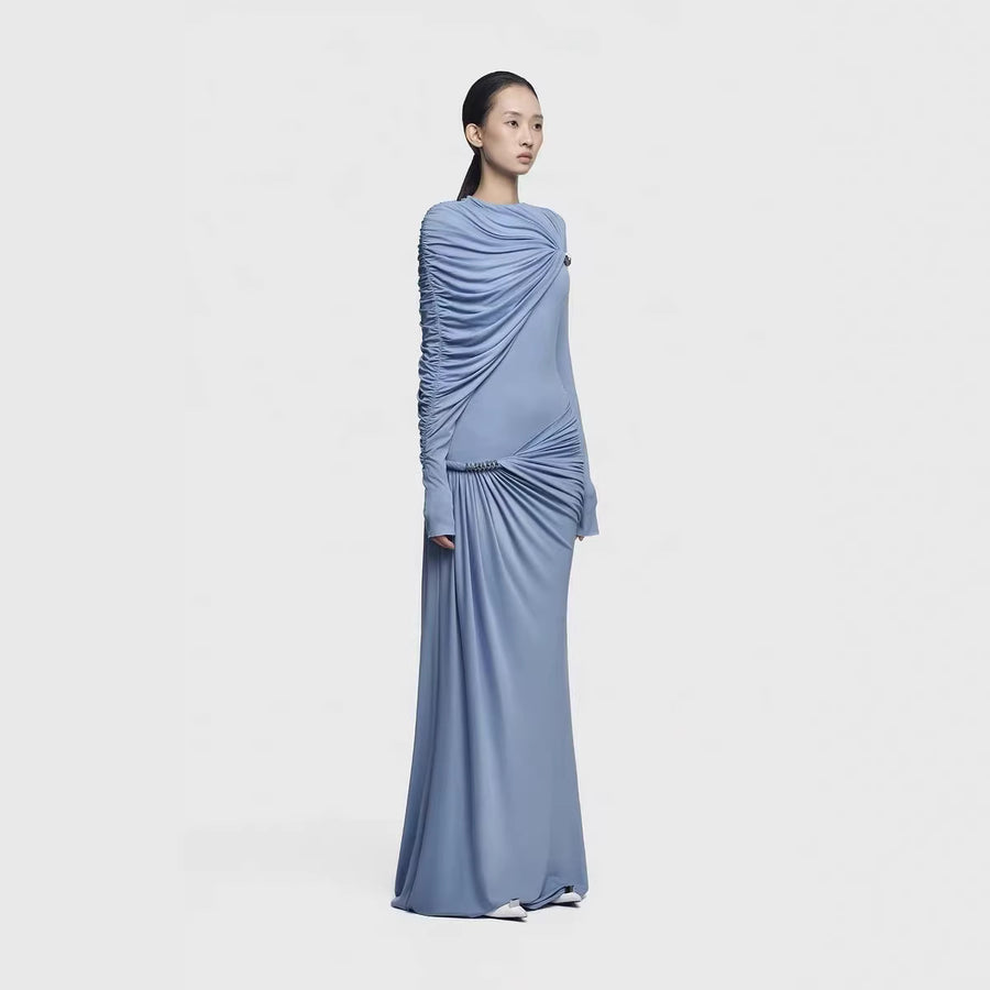 Long-Sleeve Draped Evening Gown — Asymmetric Folds with Metallic Accents