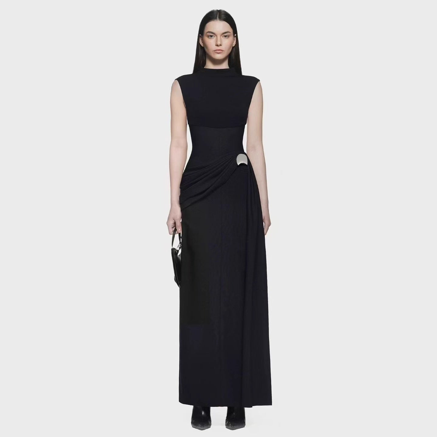 High-Neck Sleeveless Maxi Dress — Sculpted Lines with a Metallic Hip Accent