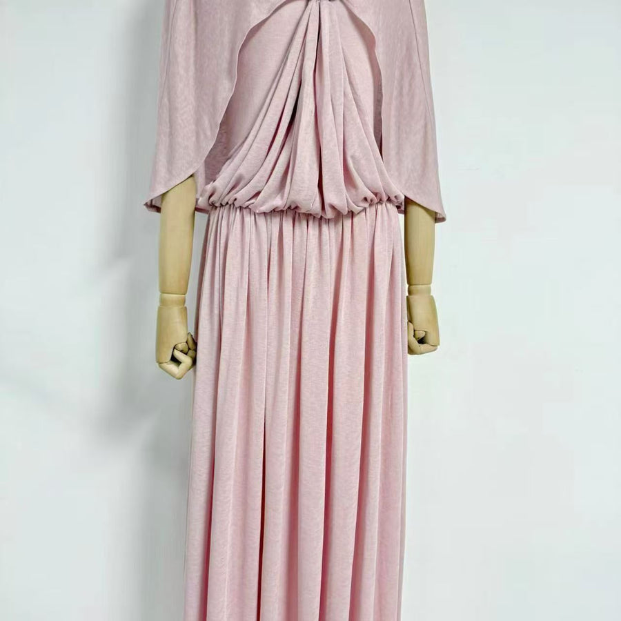 Cape-Detail Maxi Dress — A High Neckline with a Flowing Pleated Skirt