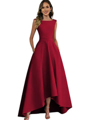Women's solid color satin sleeveless fitted evening gown for export - amazon style cocktail party bridesmaid dress - high-low hem