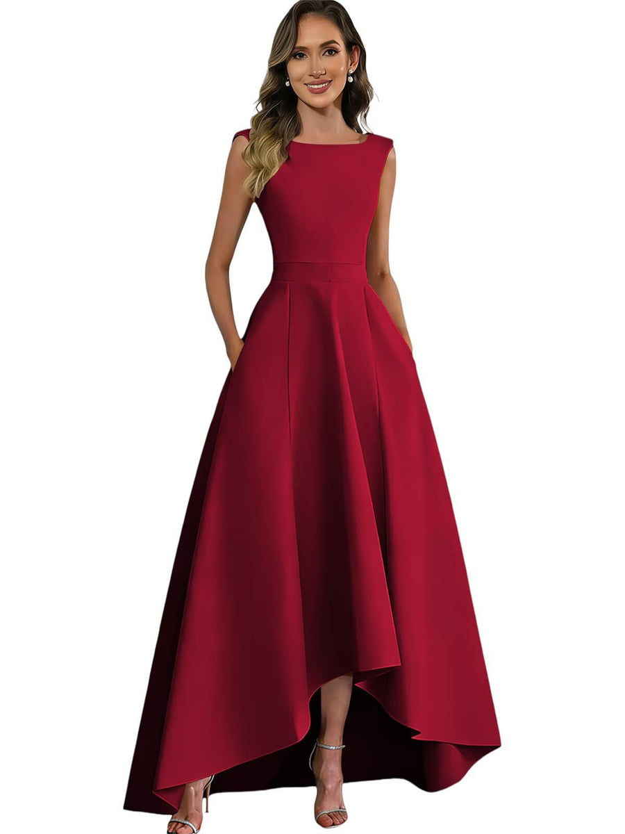 Women's solid color satin sleeveless fitted evening gown for export - amazon style cocktail party bridesmaid dress - high-low hem