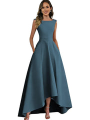 Women's solid color satin sleeveless fitted evening gown for export - amazon style cocktail party bridesmaid dress - high-low hem