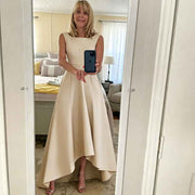Women's solid color satin sleeveless fitted evening gown for export - amazon style cocktail party bridesmaid dress - high-low hem