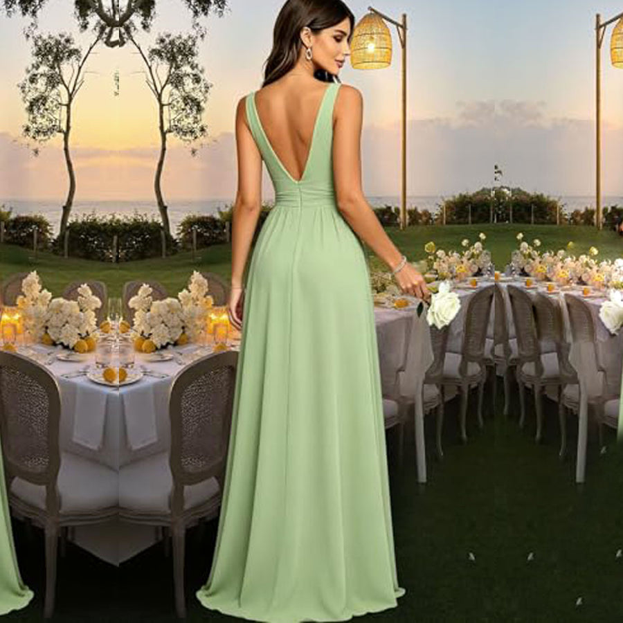 Amazon's best selling bridesmaid dress sleeveless deep v neck backless long skirt forest style fairy evening dress party dress