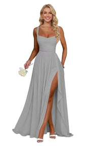 Chiffon suspender high slit long evening dress shoulder strap mop skirt bridesmaid annual meeting host dress banquet dress