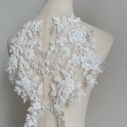 Zh430 white beaded embroidered lace rhinestone appliqué mesh fabric for wedding dresses, evening gowns, and apparel decoration