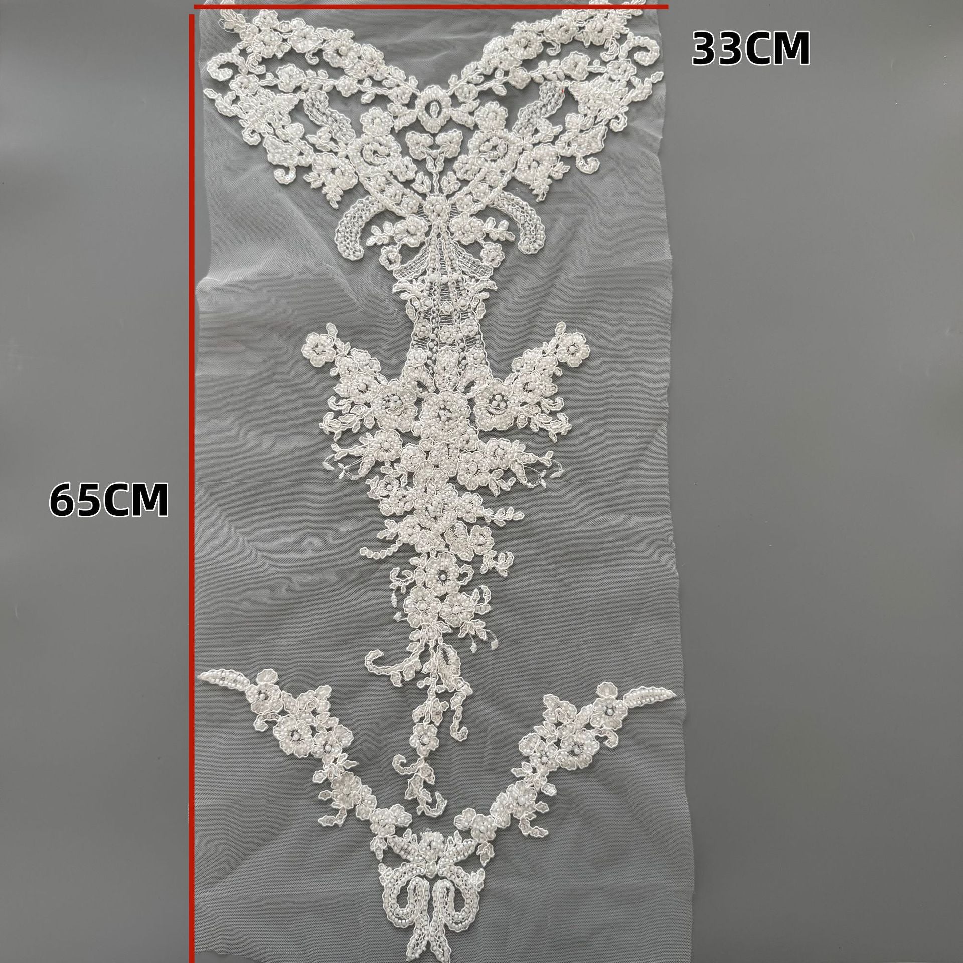 Zh484 women's wedding dress fabric: beaded lace, white embroidered mesh appliqué, front and back cutwork detail