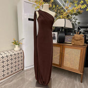 One-Shoulder Draped Evening Gown — A Sculptural Metallic Accent with Cascading Folds