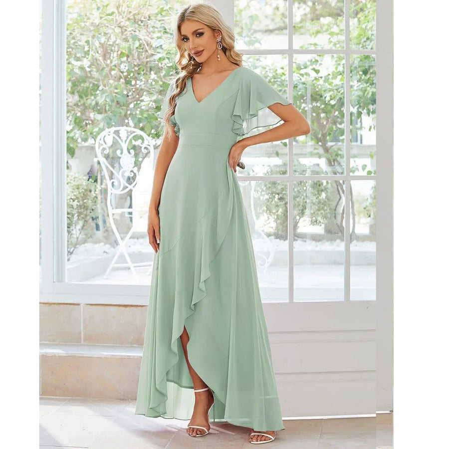 2026 cross-border gentle style v-neck pleated chiffon bridesmaid dress ruffle short-sleeved asymmetrical skirt party