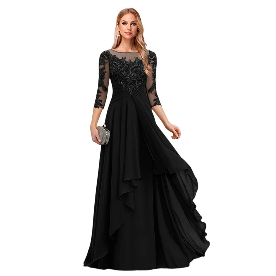 Chiffon lace patchwork mid-sleeve evening gown - round neck a-line floor-length dress - perfect for mothers, mothers-in-law, and hostesses
