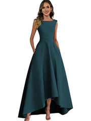 Women's solid color satin sleeveless fitted evening gown for export - amazon style cocktail party bridesmaid dress - high-low hem