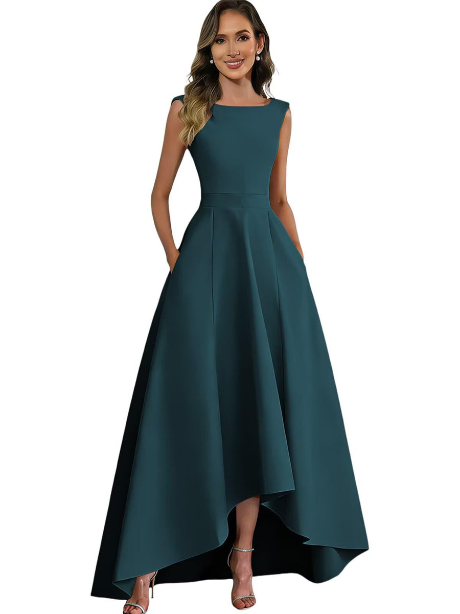 Women's solid color satin sleeveless fitted evening gown for export - amazon style cocktail party bridesmaid dress - high-low hem