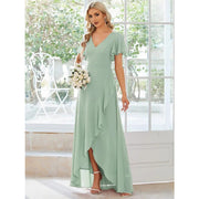 2026 cross-border gentle style v-neck pleated chiffon bridesmaid dress ruffle short-sleeved asymmetrical skirt party