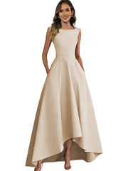 Women's solid color satin sleeveless fitted evening gown for export - amazon style cocktail party bridesmaid dress - high-low hem