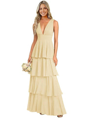 European and american chiffon bridesmaid dress v-neck sleeveless tiered cake dress wedding sister dress hostess outfit gown