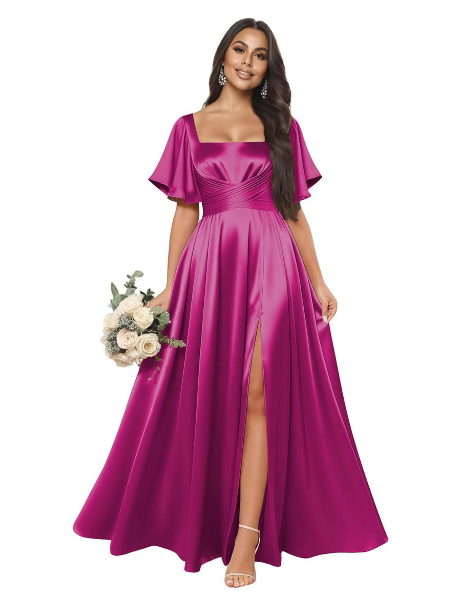 Satin square neck short-sleeved long evening dress, multiple colors available, sister group toast dress, annual meeting host, classy banquet