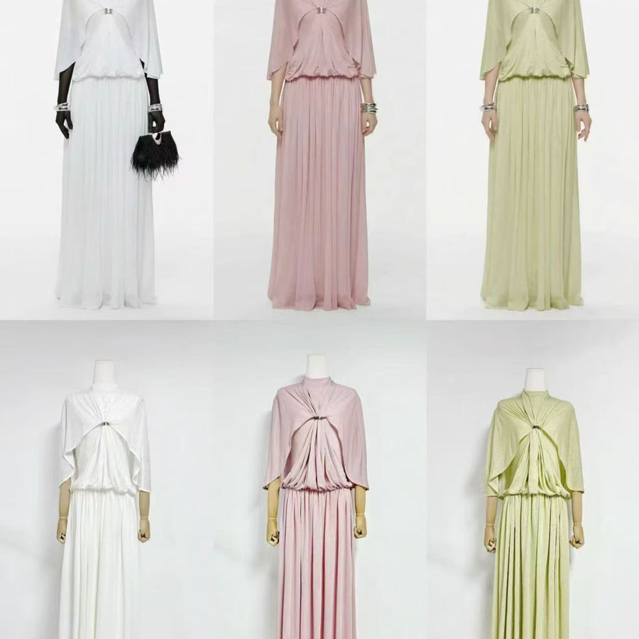 Cape-Detail Maxi Dress — A High Neckline with a Flowing Pleated Skirt