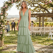 European and american chiffon bridesmaid dress v-neck sleeveless tiered cake dress wedding sister dress hostess outfit gown
