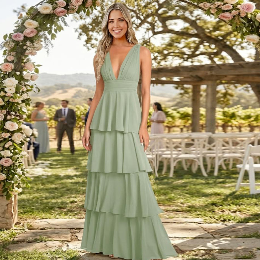 European and american chiffon bridesmaid dress v-neck sleeveless tiered cake dress wedding sister dress hostess outfit gown