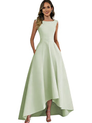 Women's solid color satin sleeveless fitted evening gown for export - amazon style cocktail party bridesmaid dress - high-low hem