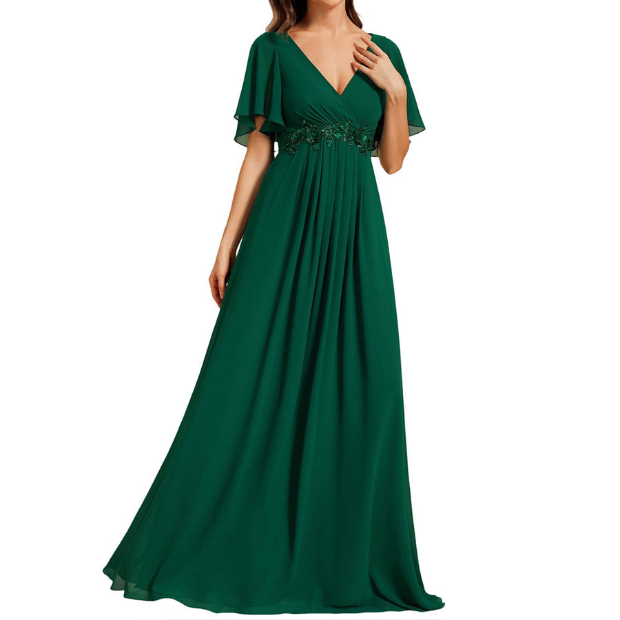 European and american style v-neck chiffon long bridesmaid dress, butterfly sleeve cinched waist slimming evening gown, party hostess dress