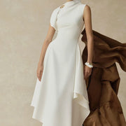 High-Neck Asymmetric Midi Dress — Layered Draping with a Metallic Shoulder Accent
