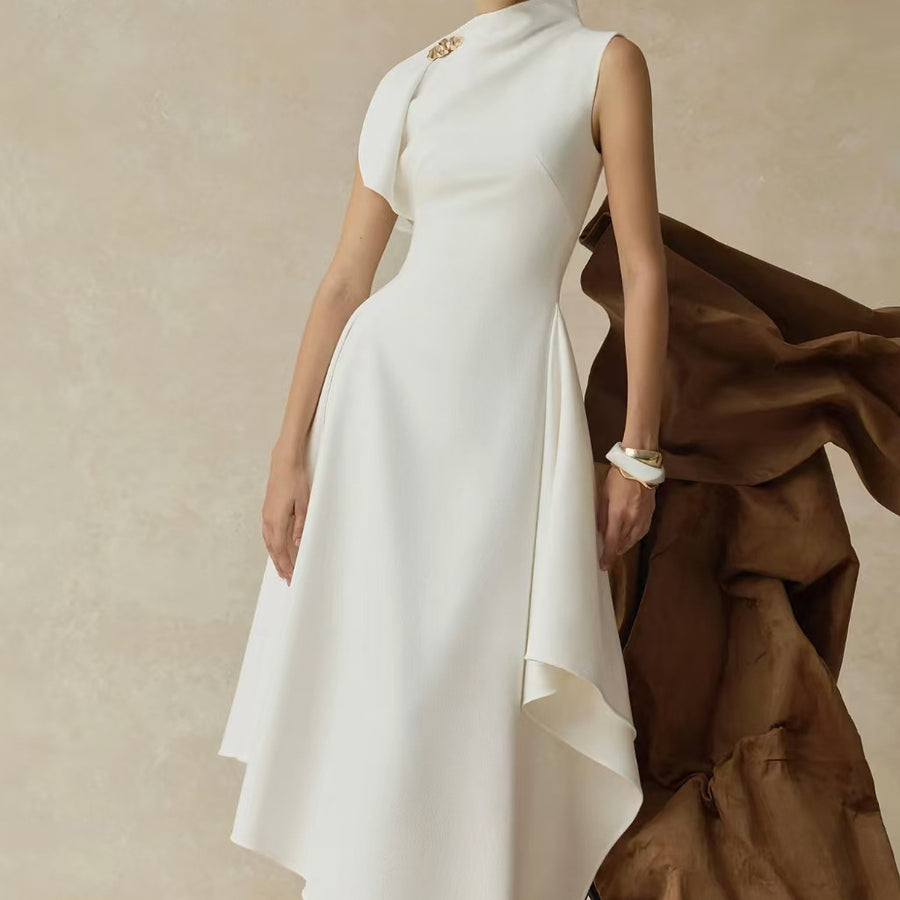 High-Neck Asymmetric Midi Dress — Layered Draping with a Metallic Shoulder Accent