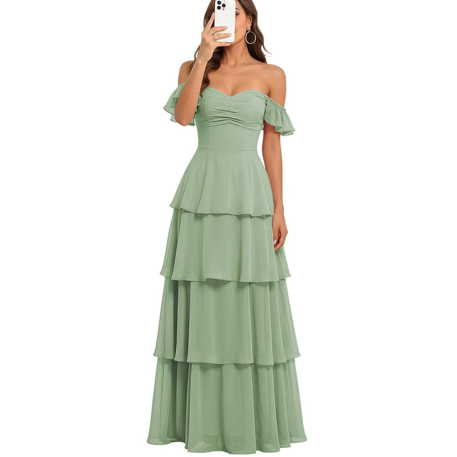 Fairy new arrival mori style bridesmaid dress women's long fairy elegant chiffon cake skirt one shoulder backless strap evening dress