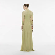 High-Neck Cape Evening Gown — Cross-Over Draping with a Flowing Pleated Skirt