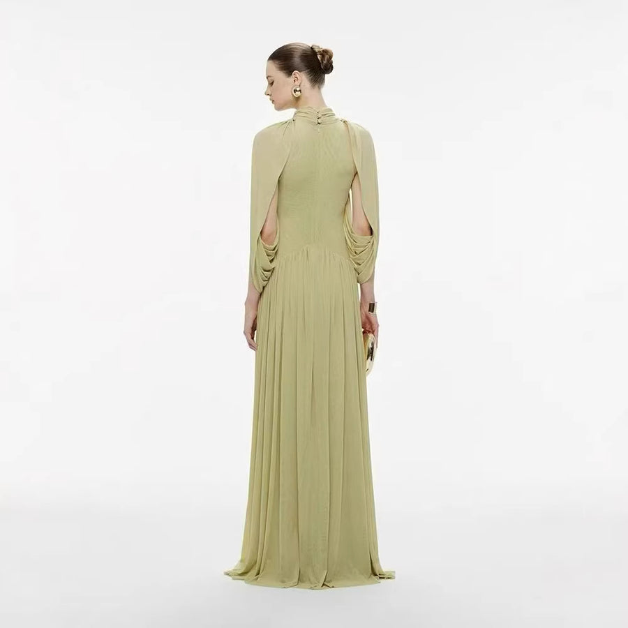 High-Neck Cape Evening Gown — Cross-Over Draping with a Flowing Pleated Skirt