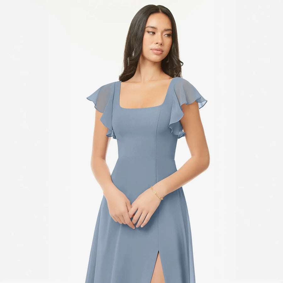 Cross-border exclusive square neck ruffle sleeve chiffon slit long dress wedding bridesmaid host performance costume dress dress