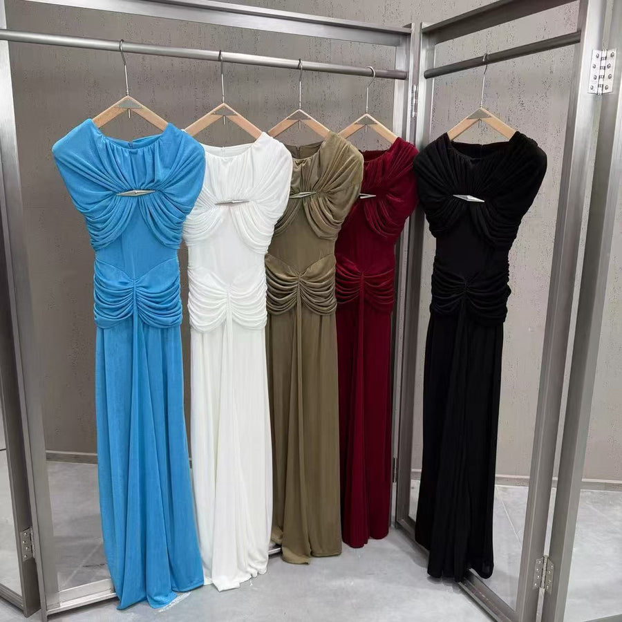 High-Neck Ruched Evening Gown — Sculpted Shoulders with Gathered Hip Draping