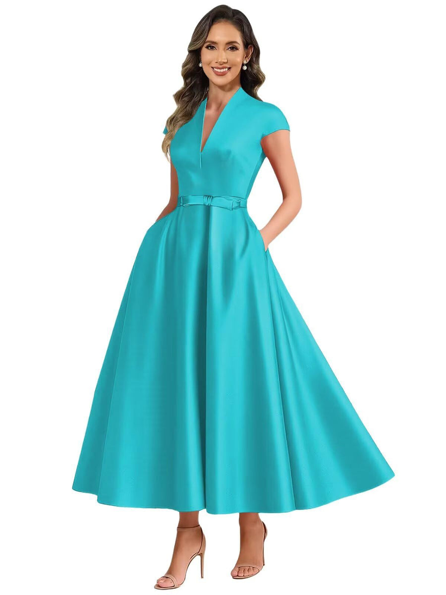 Fashion aliexpress export satin short banquet dress party bows evening dress wedding ladieswear church