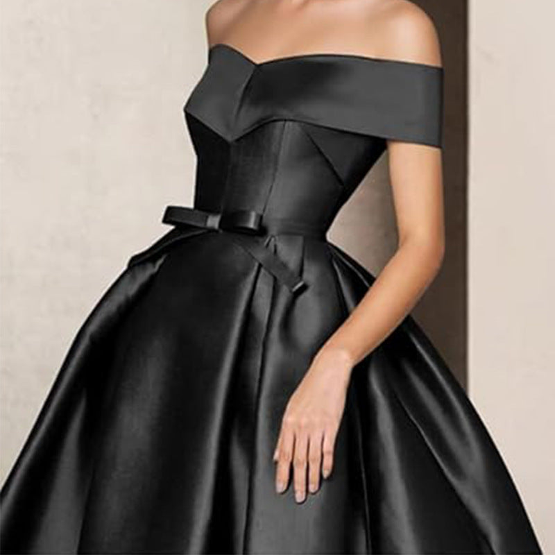 European and american one-shoulder satin flared maxi dress with tie-up bow waist – evening, wedding, and mother-of-the-bride long gown