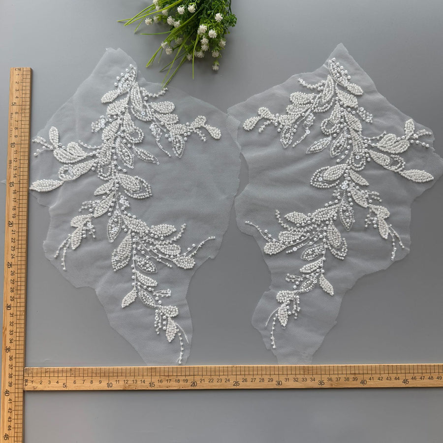A pair of off-white sequin embroidered floral appliques for wedding dresses and formal gowns, decorative embellishments, lace flower fabric patches, zh301