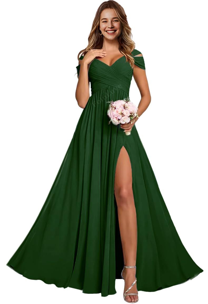 Off-the-shoulder bridesmaid dresses - long, slit, chiffon evening gowns for dinner parties, proms, and sisterhood events
