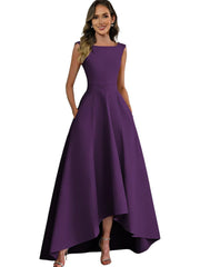 Women's solid color satin sleeveless fitted evening gown for export - amazon style cocktail party bridesmaid dress - high-low hem