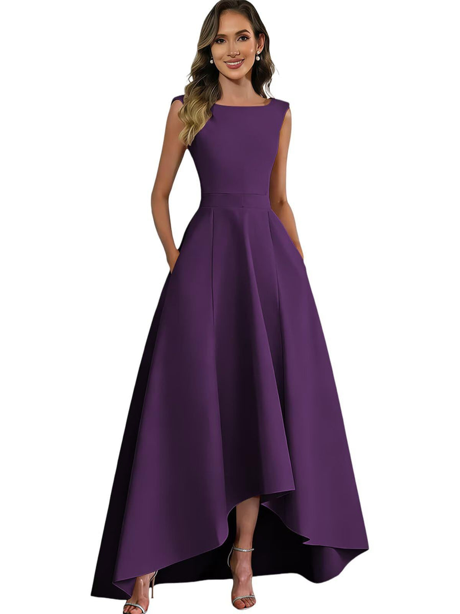 Women's solid color satin sleeveless fitted evening gown for export - amazon style cocktail party bridesmaid dress - high-low hem