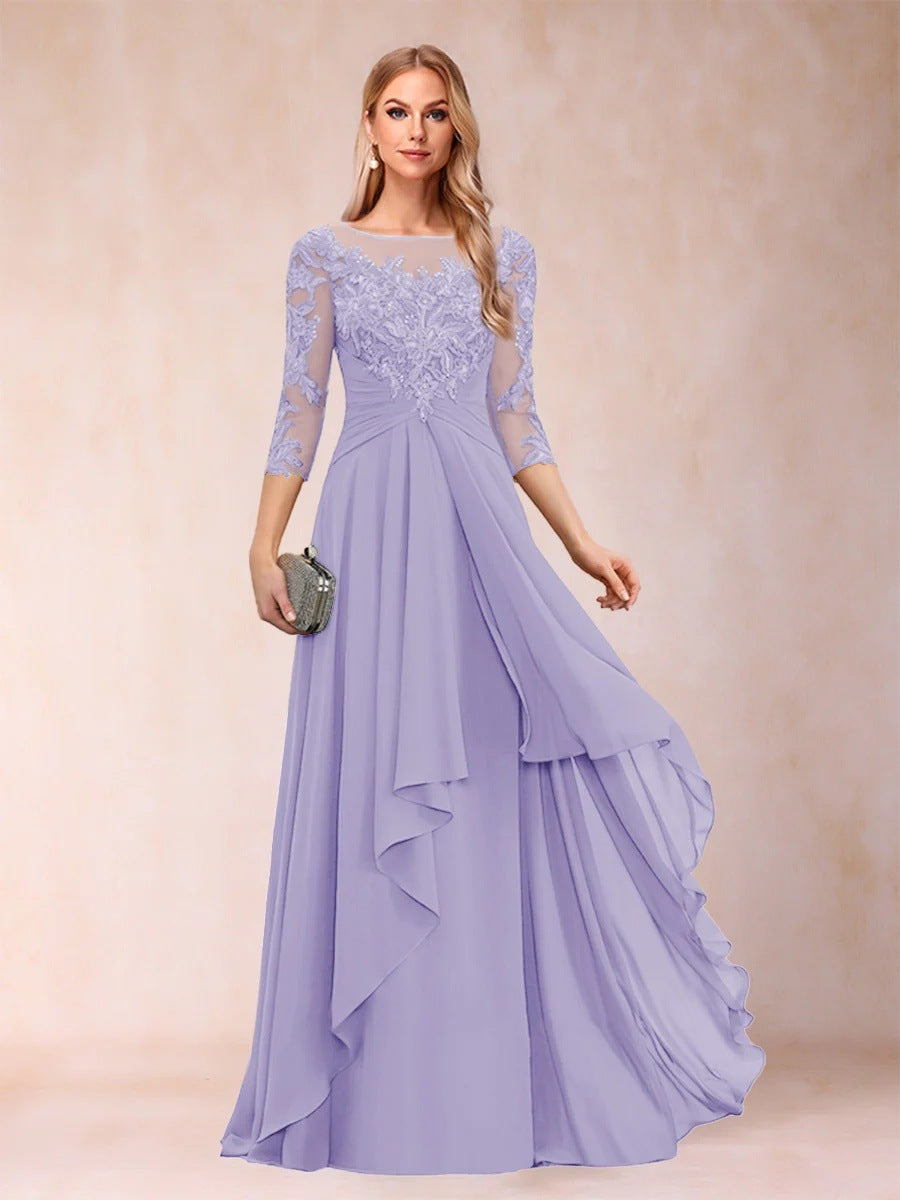 Chiffon lace patchwork mid-sleeve evening gown - round neck a-line floor-length dress - perfect for mothers, mothers-in-law, and hostesses
