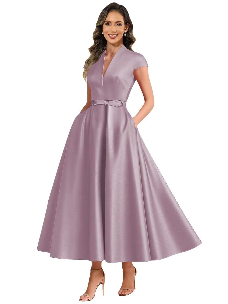 Fashion aliexpress export satin short banquet dress party bows evening dress wedding ladieswear church